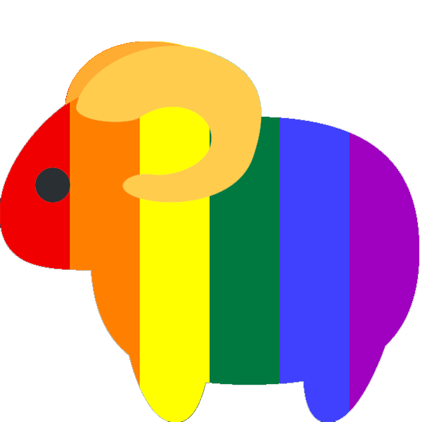 The sheep twitter emoji but instead of white wool the wool has rainbow patterns from the gay pride flag.